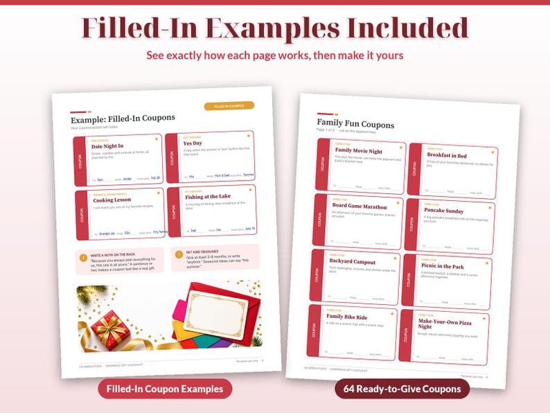 Puede incluir: Dos p&aacute;ginas imprimibles con plantillas de cupones. La p&aacute;gina izquierda muestra ejemplos rellenados como Date Night In y Cooking Lesson. La p&aacute;gina derecha muestra una lista de Family Fun Coupons, incluyendo Family Movie Night y Pancake Sunday.