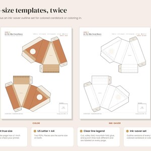 K&ouml;nnte beinhalten: Eine druckbare Vorlage f&uuml;r Tortenst&uuml;ck-Geschenkboxen mit zwei Bl&auml;ttern: eines in Vollfarbe und eines als tintensparende Umrissversion. Der Text lautet True-size templates, twice, 04 Pie Slice Favor Boxes, Color und Ink-saver.