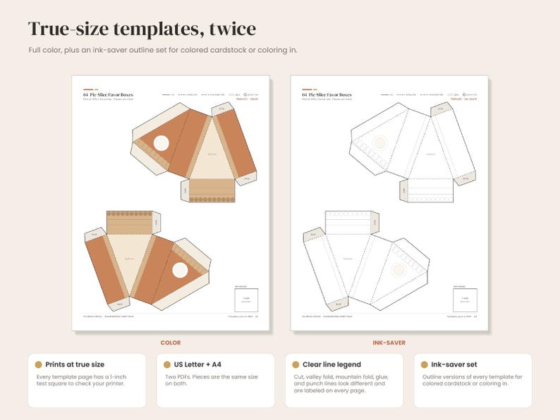 K&ouml;nnte beinhalten: Eine druckbare Vorlage f&uuml;r Tortenst&uuml;ck-Geschenkboxen mit zwei Bl&auml;ttern: eines in Vollfarbe und eines als tintensparende Umrissversion. Der Text lautet True-size templates, twice, 04 Pie Slice Favor Boxes, Color und Ink-saver.
