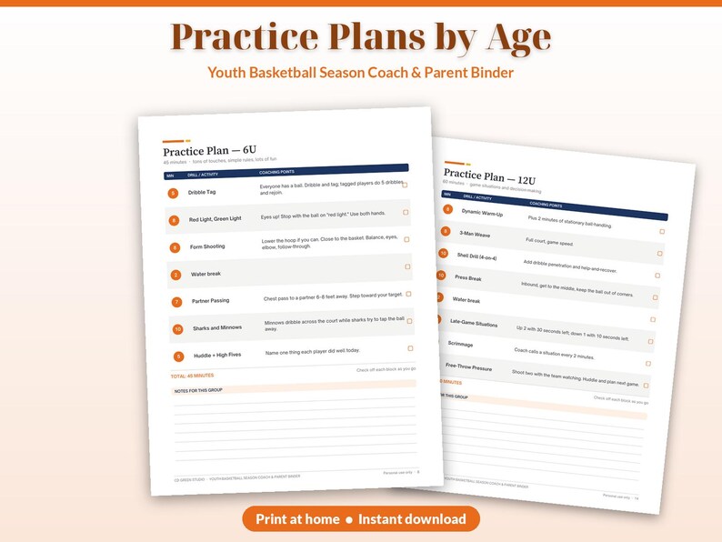 Puede incluir: Dos hojas de papel blancas tituladas Practice Plans by Age y Youth Basketball Season Coach & Parent Binder. Los documentos presentan tablas con columnas para actividades de ejercicios y puntos de entrenamiento, incluyendo planes 6U y 12U.