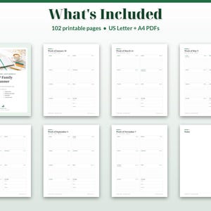 May include: A digital 2027 family planner set featuring 102 printable pages in US Letter and A4 sizes. The document includes a cover page with a desk image, weekly schedule templates for various months, and a notes page with black text on white.