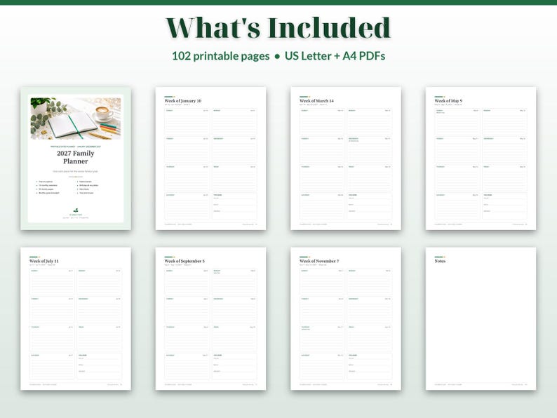 May include: A digital 2027 family planner set featuring 102 printable pages in US Letter and A4 sizes. The document includes a cover page with a desk image, weekly schedule templates for various months, and a notes page with black text on white.