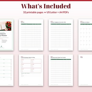 May include: A digital Christmas and Holiday Planner set featuring 32 printable pages in US Letter and A4 formats. The collection includes templates for gift lists, teacher and coworker gifts, a December calendar, dinner menus, and trackers.