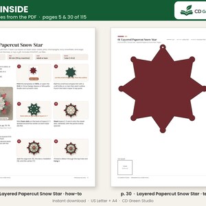 Puede incluir: Una gu&iacute;a de manualidades digital titulada Layered Papercut Snow Star de CD Green Studio. El documento muestra instrucciones en la p&aacute;gina 5 para ensamblar un adorno de estrella multicapa y una plantilla de estrella granate en la p&aacute;gina 30.