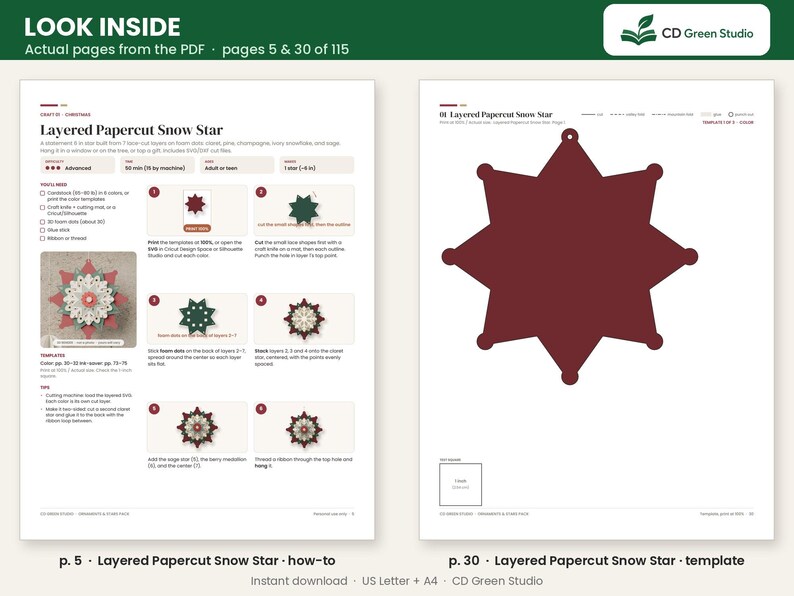 Puede incluir: Una gu&iacute;a de manualidades digital titulada Layered Papercut Snow Star de CD Green Studio. El documento muestra instrucciones en la p&aacute;gina 5 para ensamblar un adorno de estrella multicapa y una plantilla de estrella granate en la p&aacute;gina 30.