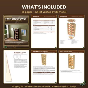 Plany wież na buty do druku, Plany wysokich stojaków na buty w formacie PDF, Górna część szuflady lub kosza, Półki kątowe i płaskie, Przedpokój DIY, Format Letter/A4 zdjęcie 3