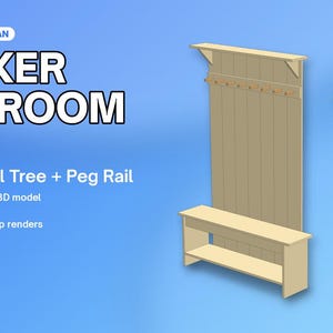 May include: Woodworking plan for a Shaker mudroom set including a bench, hall tree, and peg rail. The document features 22 pages with a cut list, imperial and metric measurements, cut diagrams, and step renders by CD Green Studio.