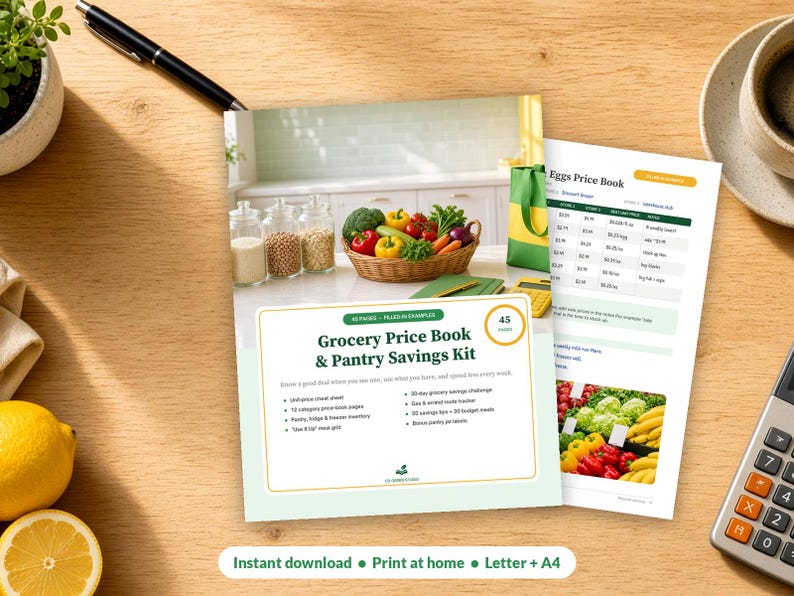 May include: A Grocery Price Book & Pantry Savings Kit document with a cover featuring a basket of fresh vegetables and a list of contents. The text includes Grocery Price Book & Pantry Savings Kit, 45 pages, and filled-in examples.