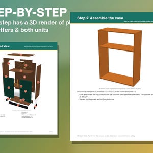 May include: A two-page instructional document titled STEP-BY-STEP showing furniture assembly. The left page displays an exploded view of a cabinet with labeled parts. The right page shows Step 2: Assemble the case with a 3D render of the unit.