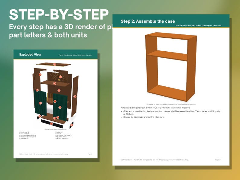 May include: A two-page instructional document titled STEP-BY-STEP showing furniture assembly. The left page displays an exploded view of a cabinet with labeled parts. The right page shows Step 2: Assemble the case with a 3D render of the unit.