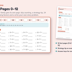 Peut inclure: Feuille d'exercices de math&eacute;matiques intitul&eacute;e Fact Pages 0-12 pr&eacute;sentant des probl&egrave;mes de multiplication pour le chiffre 7. La page comprend une s&eacute;quence de comptage, un encadr&eacute; de conseil strat&eacute;gique et des &eacute;quations.