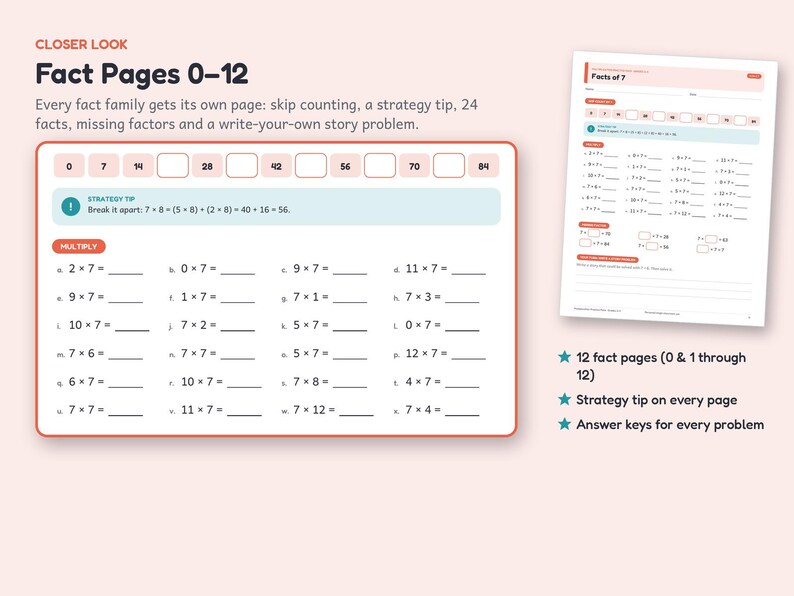 Peut inclure: Feuille d'exercices de math&eacute;matiques intitul&eacute;e Fact Pages 0-12 pr&eacute;sentant des probl&egrave;mes de multiplication pour le chiffre 7. La page comprend une s&eacute;quence de comptage, un encadr&eacute; de conseil strat&eacute;gique et des &eacute;quations.