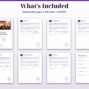 Puede incluir: Una colecci&oacute;n digital de 30 p&aacute;ginas imprimibles titulada 25-Day Advent Family Devotional, disponible en formatos PDF US Letter y A4. Las p&aacute;ginas incluyen lecturas devocionales diarias, reflexiones y secciones rayadas.