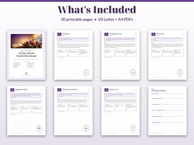 Puede incluir: Una colecci&oacute;n digital de 30 p&aacute;ginas imprimibles titulada 25-Day Advent Family Devotional, disponible en formatos PDF US Letter y A4. Las p&aacute;ginas incluyen lecturas devocionales diarias, reflexiones y secciones rayadas.