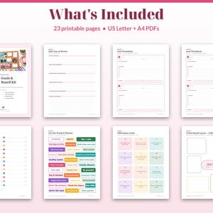 Puede incluir: Un kit imprimible de 23 p&aacute;ginas para objetivos y tablero de visi&oacute;n 2027 en formatos PDF US Letter y A4. Las p&aacute;ginas incluyen hojas de trabajo, revisi&oacute;n del a&ntilde;o, tarjetas de afirmaci&oacute;n, palabras recortables y dise&ntilde;os de tablero.