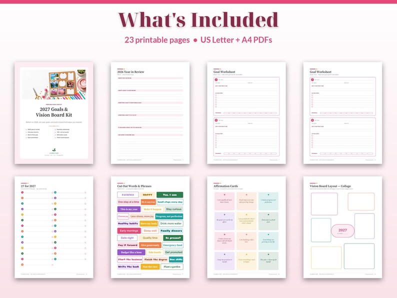 Puede incluir: Un kit imprimible de 23 p&aacute;ginas para objetivos y tablero de visi&oacute;n 2027 en formatos PDF US Letter y A4. Las p&aacute;ginas incluyen hojas de trabajo, revisi&oacute;n del a&ntilde;o, tarjetas de afirmaci&oacute;n, palabras recortables y dise&ntilde;os de tablero.