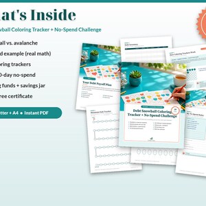 May include: A 39-page Debt Snowball Coloring Tracker and No-Spend Challenge digital planner set. Includes pages for debt inventory, coloring trackers, 30 and 60-day challenges, sinking funds, savings jars, and a debt-free certificate in US Letter and A4.