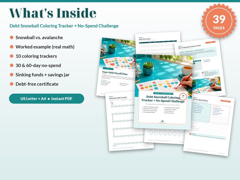May include: A 39-page Debt Snowball Coloring Tracker and No-Spend Challenge digital planner set. Includes pages for debt inventory, coloring trackers, 30 and 60-day challenges, sinking funds, savings jars, and a debt-free certificate in US Letter and A4.