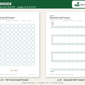 May include: Two printable financial tracking pages featuring a 100-Circle Payoff Tracker with a grid of circles and a Mountain Path Tracker with a winding trail of stepping stones leading to a summit flag, both labeled with text and headers.