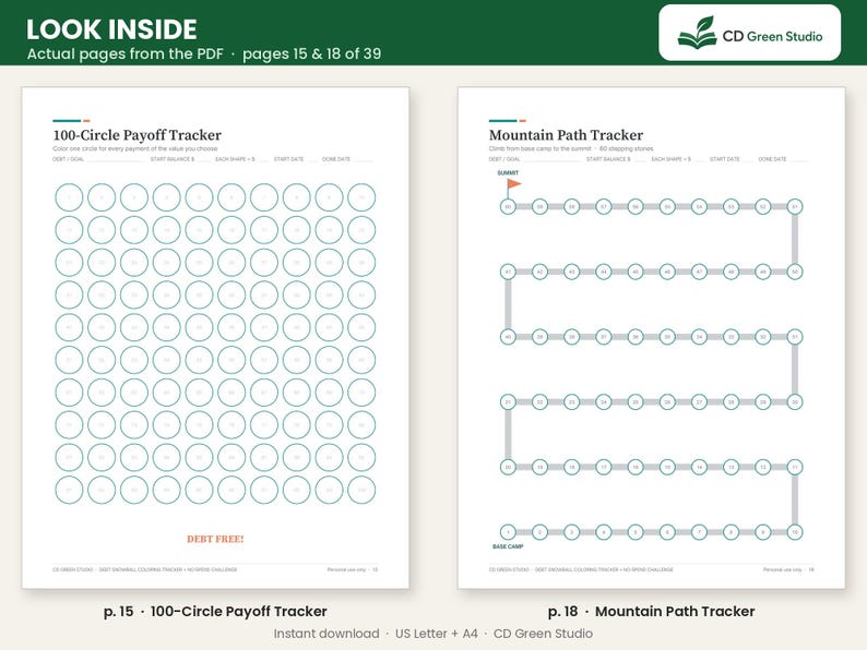 May include: Two printable financial tracking pages featuring a 100-Circle Payoff Tracker with a grid of circles and a Mountain Path Tracker with a winding trail of stepping stones leading to a summit flag, both labeled with text and headers.