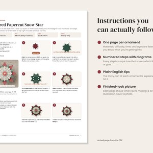 Puede incluir: Una hoja de instrucciones digital titulada Layered Papercut Snow Star, que presenta una gu&iacute;a de seis pasos con diagramas para ensamblar un adorno de estrella de papel multicapa. La p&aacute;gina incluye texto e im&aacute;genes.