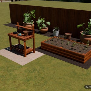 May include: A wooden potting bench with a lower shelf and a raised back, positioned next to a rectangular wooden raised garden bed filled with soil and small plants. Several terracotta and white pots with green plants are arranged nearby.