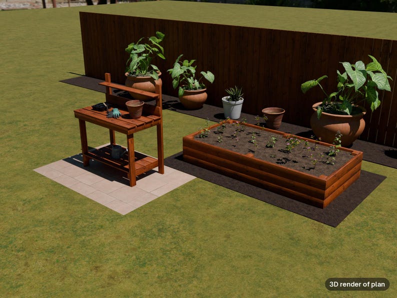 May include: A wooden potting bench with a lower shelf and a raised back, positioned next to a rectangular wooden raised garden bed filled with soil and small plants. Several terracotta and white pots with green plants are arranged nearby.