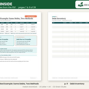 May include: Two pages from a digital debt tracker PDF. The left page, titled Worked Example: Same Debts, Two Methods, displays a debt repayment table and comparison results. The right page, titled Debt Inventory, features a blank tracking table.