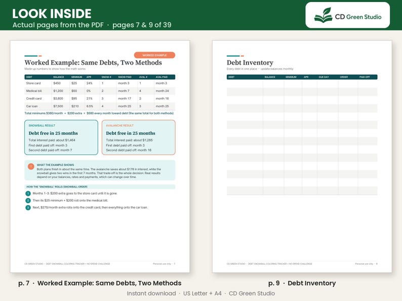 May include: Two pages from a digital debt tracker PDF. The left page, titled Worked Example: Same Debts, Two Methods, displays a debt repayment table and comparison results. The right page, titled Debt Inventory, features a blank tracking table.