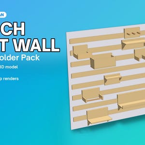 Puede incluir: Un plan de carpinter&iacute;a para una pared de listones franceses con un paquete de 25 soportes para herramientas. El documento incluye 34 p&aacute;ginas, listas de corte, medidas imperiales y m&eacute;tricas, y diagramas. La imagen muestra un render 3D.