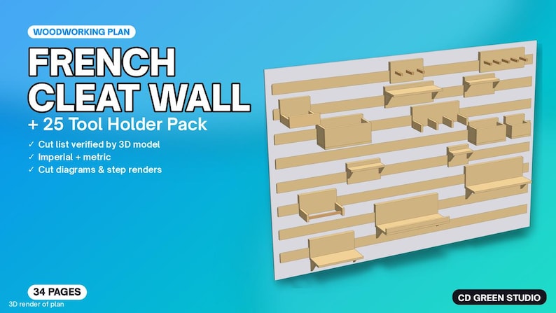 Puede incluir: Un plan de carpinter&iacute;a para una pared de listones franceses con un paquete de 25 soportes para herramientas. El documento incluye 34 p&aacute;ginas, listas de corte, medidas imperiales y m&eacute;tricas, y diagramas. La imagen muestra un render 3D.