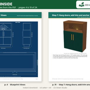May include: A digital woodworking plan for a cabinet, featuring blueprint views with dimensions in inches on page 4 and a 3D rendering of the cabinet with assembly instructions for hanging doors and adding trim on page 19 by CD Green Studio.