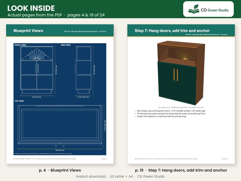 May include: A digital woodworking plan for a cabinet, featuring blueprint views with dimensions in inches on page 4 and a 3D rendering of the cabinet with assembly instructions for hanging doors and adding trim on page 19 by CD Green Studio.
