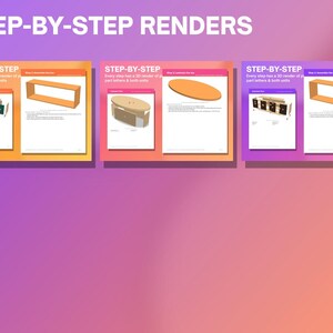 May include: Three digital instruction sheets titled STEP-BY-STEP RENDERS, each featuring 3D illustrations of furniture assembly. The documents display diagrams of wooden components, including a rectangular frame and an oval tabletop.