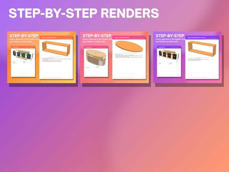 May include: Three digital instruction sheets titled STEP-BY-STEP RENDERS, each featuring 3D illustrations of furniture assembly. The documents display diagrams of wooden components, including a rectangular frame and an oval tabletop.