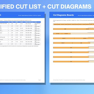 Peut inclure: Un document intitul&eacute; Verified Cut List + Cut Diagrams pr&eacute;sentant un tableau d&eacute;taill&eacute; des pi&egrave;ces en bois avec des dimensions en pouces et une s&eacute;rie de barres horizontales orange et beige illustrant les plans de coupe pour un banc.
