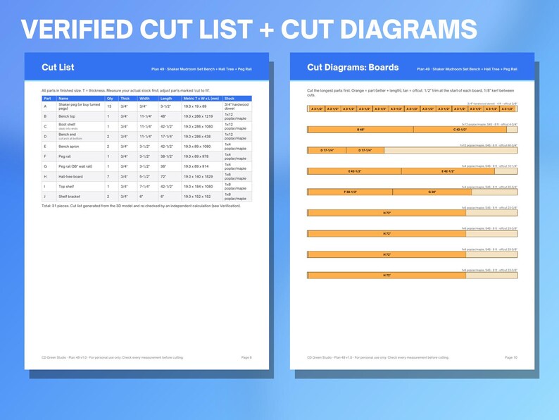 Peut inclure: Un document intitul&eacute; Verified Cut List + Cut Diagrams pr&eacute;sentant un tableau d&eacute;taill&eacute; des pi&egrave;ces en bois avec des dimensions en pouces et une s&eacute;rie de barres horizontales orange et beige illustrant les plans de coupe pour un banc.