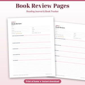 May include: Two white book review pages featuring the text Book Review Pages and Reading Journal & Book Tracker. Each page includes fields for title, author, genre, rating stars, and lined sections for thoughts, quotes, and characters.