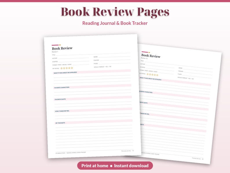 May include: Two white book review pages featuring the text Book Review Pages and Reading Journal & Book Tracker. Each page includes fields for title, author, genre, rating stars, and lined sections for thoughts, quotes, and characters.