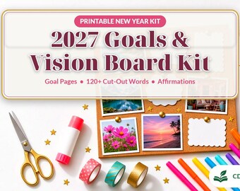 May include: A printable 2027 Goals & Vision Board Kit featuring goal pages, 120+ cut-out words, and affirmations. Includes gold scissors, a glue stick, three rolls of patterned tape, colorful markers, and a cork board with photos.