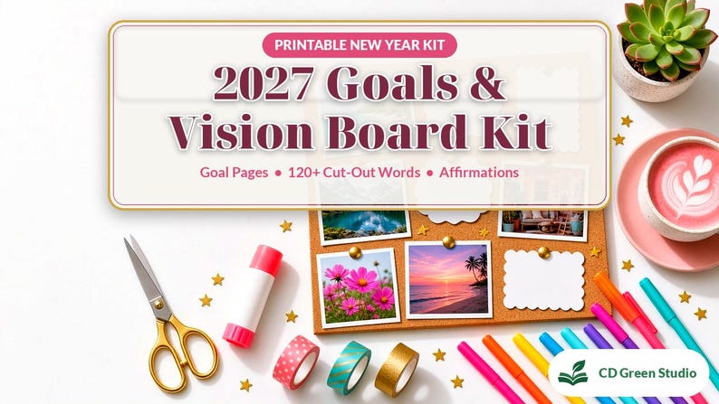 Puede incluir: Un kit imprimible 2027 Goals & Vision Board con p&aacute;ginas de objetivos, m&aacute;s de 120 palabras para recortar y afirmaciones. Incluye tijeras doradas, pegamento en barra, tres rollos de cinta estampada, rotuladores y un corcho con fotos.