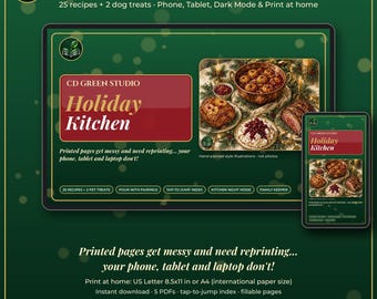 Printable Holiday Cookbook, 25 Christmas Recipes, Wine Pairings, Painted Art, Phone Tablet Dark Mode, Print Letter or A4, Dog Treats