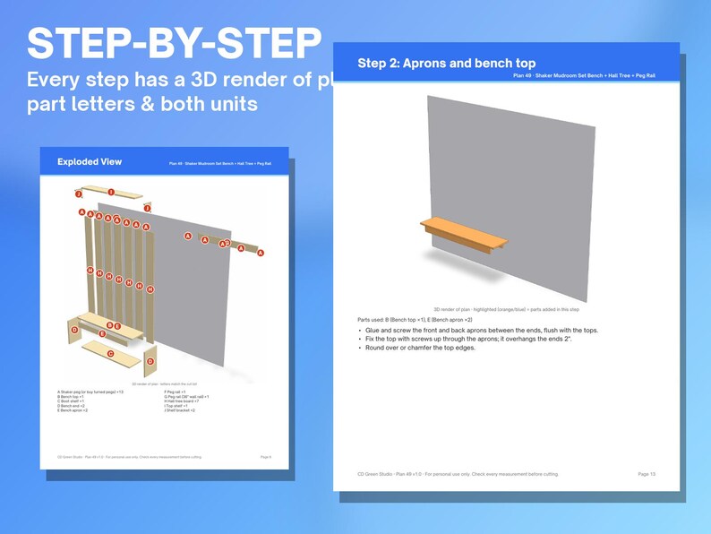 Peut inclure: Un document d'instruction num&eacute;rique intitul&eacute; STEP-BY-STEP pr&eacute;sentant un sch&eacute;ma en vue &eacute;clat&eacute;e et une page d'assemblage pour un banc Shaker Mushroom Sail. Les pages incluent des rendus 3D, des &eacute;tiquettes de pi&egrave;ces et des instructions.