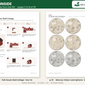Puede incluir: Un documento de plantilla de manualidades digital que muestra dos p&aacute;ginas. La p&aacute;gina 17 presenta instrucciones para un adorno de papel Folk House Red Cottage. La p&aacute;gina 61 muestra una plantilla para 20 esferas Mercury Glass Look con patrones circulares.