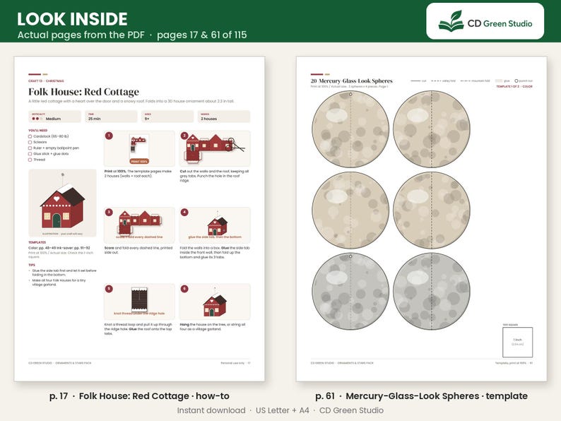 Puede incluir: Un documento de plantilla de manualidades digital que muestra dos p&aacute;ginas. La p&aacute;gina 17 presenta instrucciones para un adorno de papel Folk House Red Cottage. La p&aacute;gina 61 muestra una plantilla para 20 esferas Mercury Glass Look con patrones circulares.
