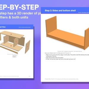 May include: A digital instructional document for an entry bench with shoe cubbies, featuring an exploded view diagram with labeled parts and a step-by-step 3D render showing the assembly of side panels and a bottom shelf with text.