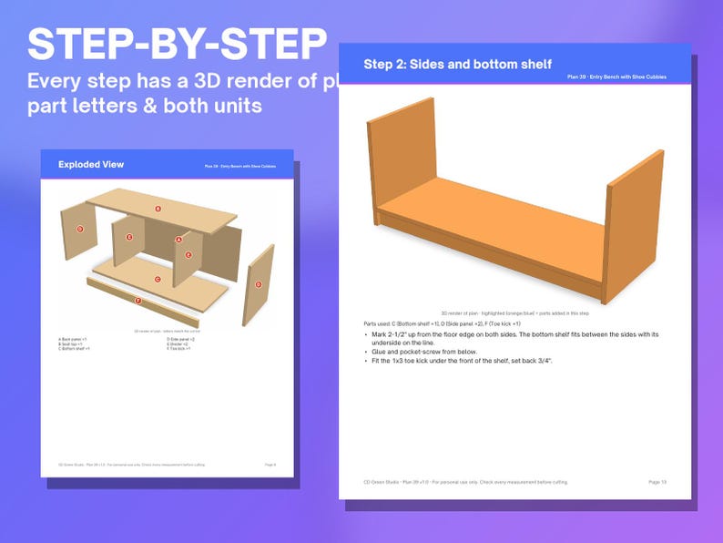 May include: A digital instructional document for an entry bench with shoe cubbies, featuring an exploded view diagram with labeled parts and a step-by-step 3D render showing the assembly of side panels and a bottom shelf with text.
