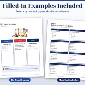 May include: Two educational worksheets titled The Three Branches and Ballots: Ready-to-Use Topics. The first page features a diagram of the U.S. government branches with a scale, gavel, and flag. The second page contains multiple ballot templates.