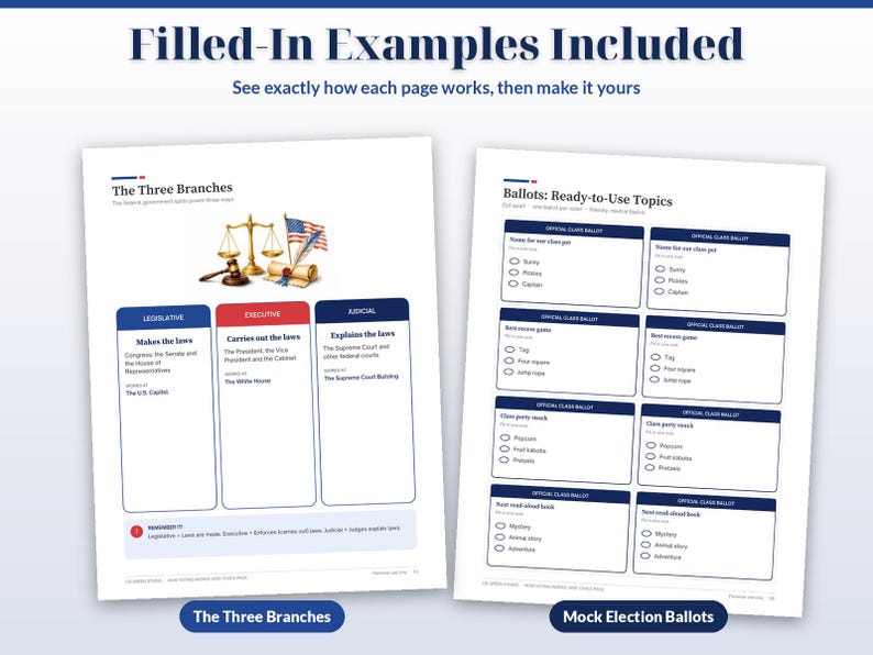 May include: Two educational worksheets titled The Three Branches and Ballots: Ready-to-Use Topics. The first page features a diagram of the U.S. government branches with a scale, gavel, and flag. The second page contains multiple ballot templates.
