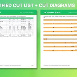 May include: A digital document titled VERIFIED CUT LIST + CUT DIAGRAMS featuring a detailed table of wood parts with quantities, dimensions in inches and millimeters, and a series of orange-colored board diagrams for construction.